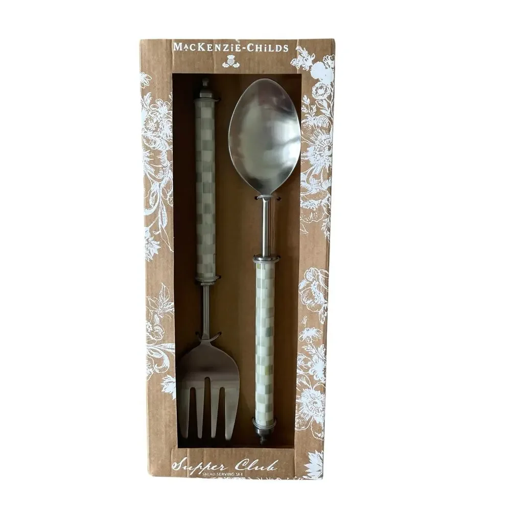 Brand New Mackenzie-Childs Sterling Check Supper Club Salad Serving Set
